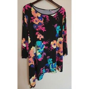 Susan Graver 3X Liquid Knit Tunic Top Colorful Floral All Over Print 3/4Sleeve
